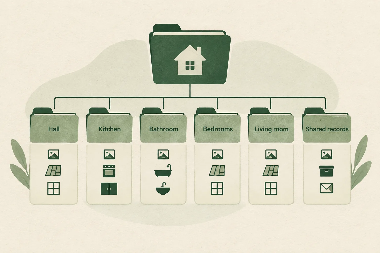 Simple folder structure diagram showing room-by-room photo records grouped into hall, kitchen, bathroom, bedrooms and living room, plus a shared records folder for inventory and correspondence.