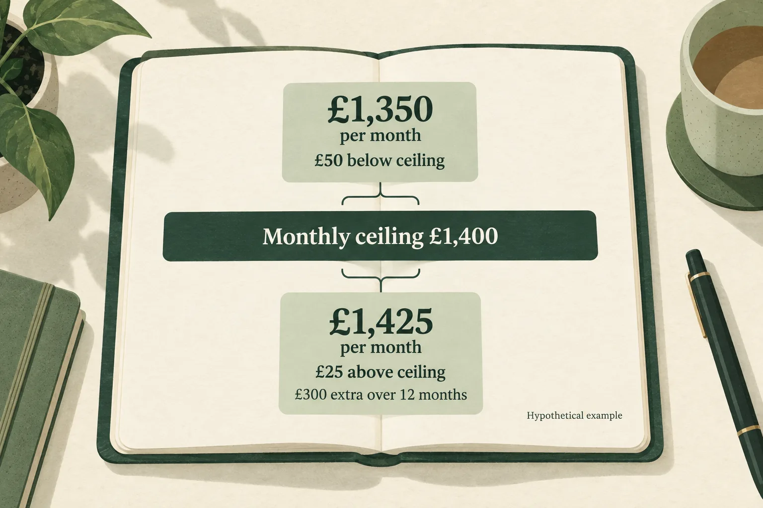 Hypothetical rent comparison: a £1,350 listing is £50 below a £1,400 monthly ceiling; a £1,425 listing is £25 above it, adding £300 over 12 months.