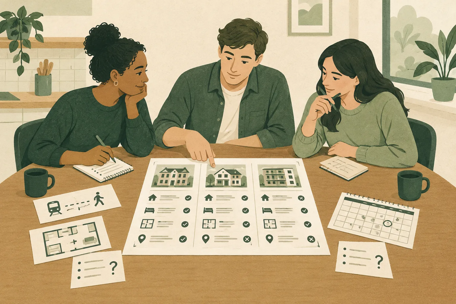 Housemates compare rental options around a table, with a shared sheet and separate notes for each person’s needs.