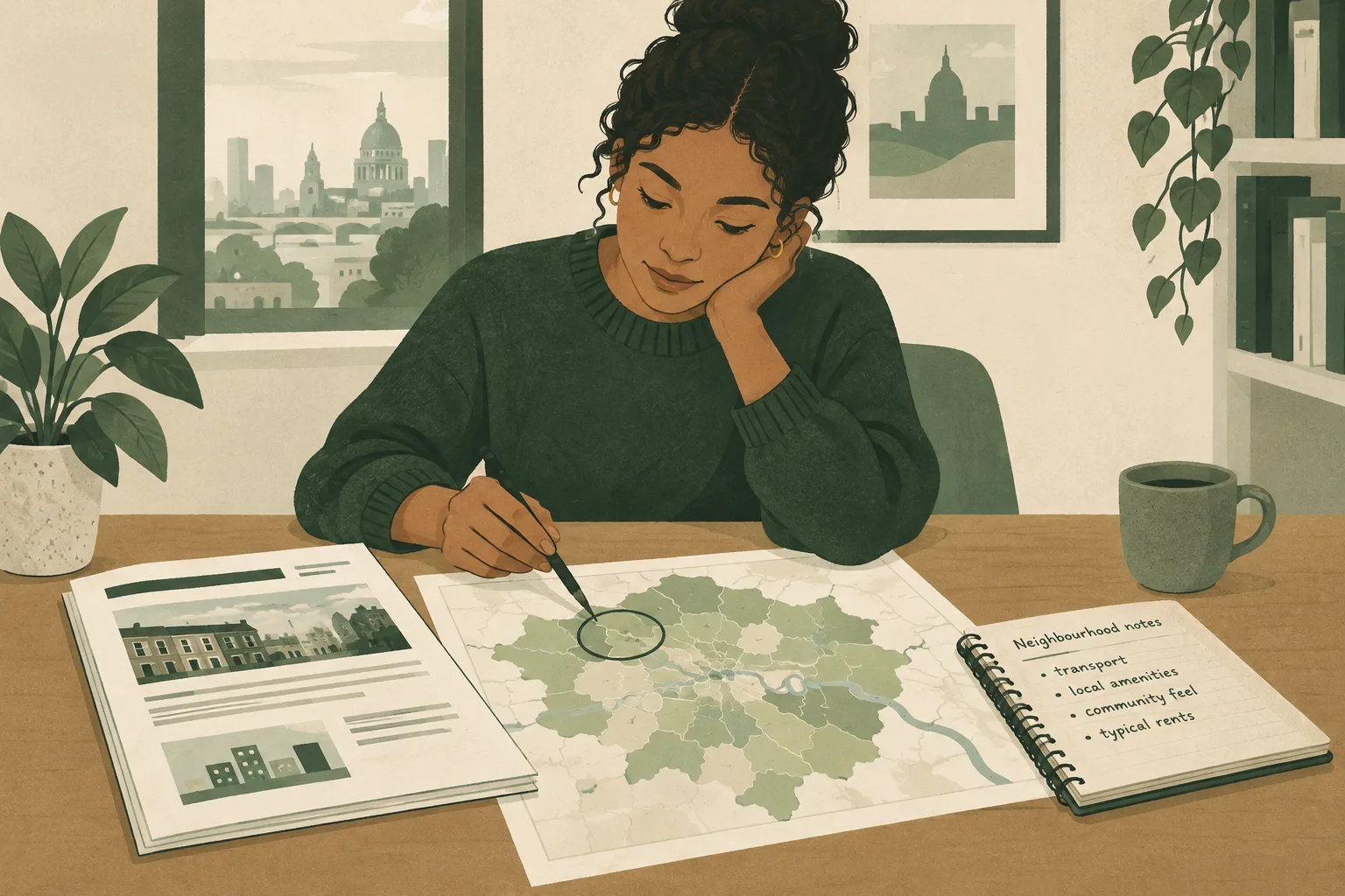Tenant comparing London neighbourhood notes beside a housing report and borough map