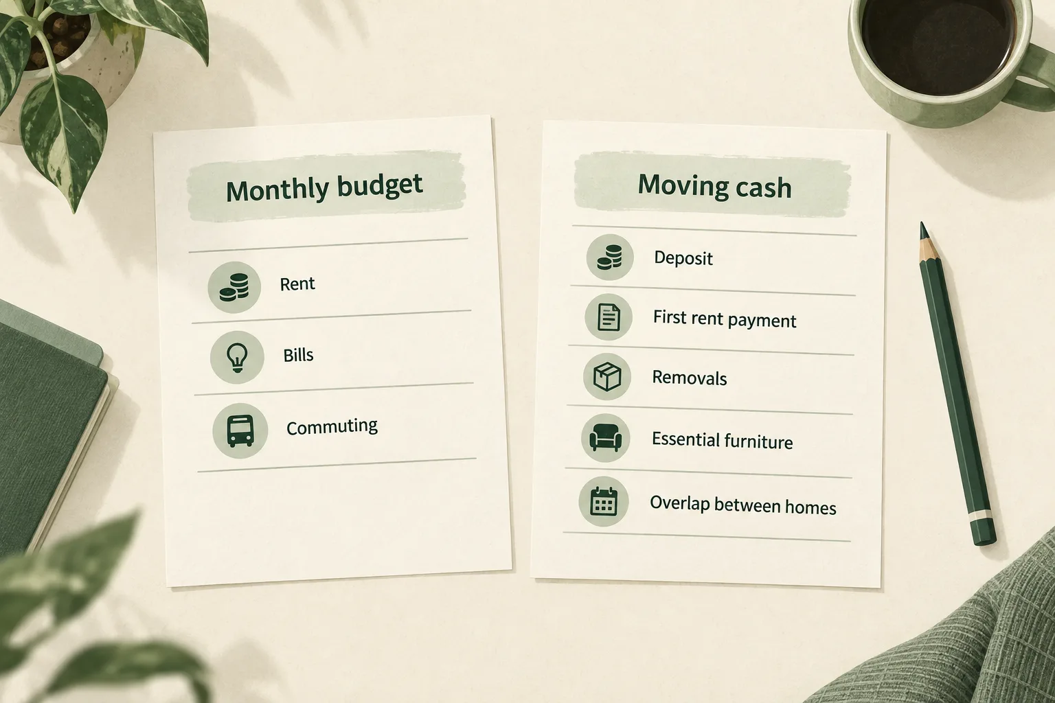 Two separate budget sheets distinguish monthly rent, bills and commuting from moving cash needs: deposit, first rent payment, removals, essential furniture and overlap between homes.